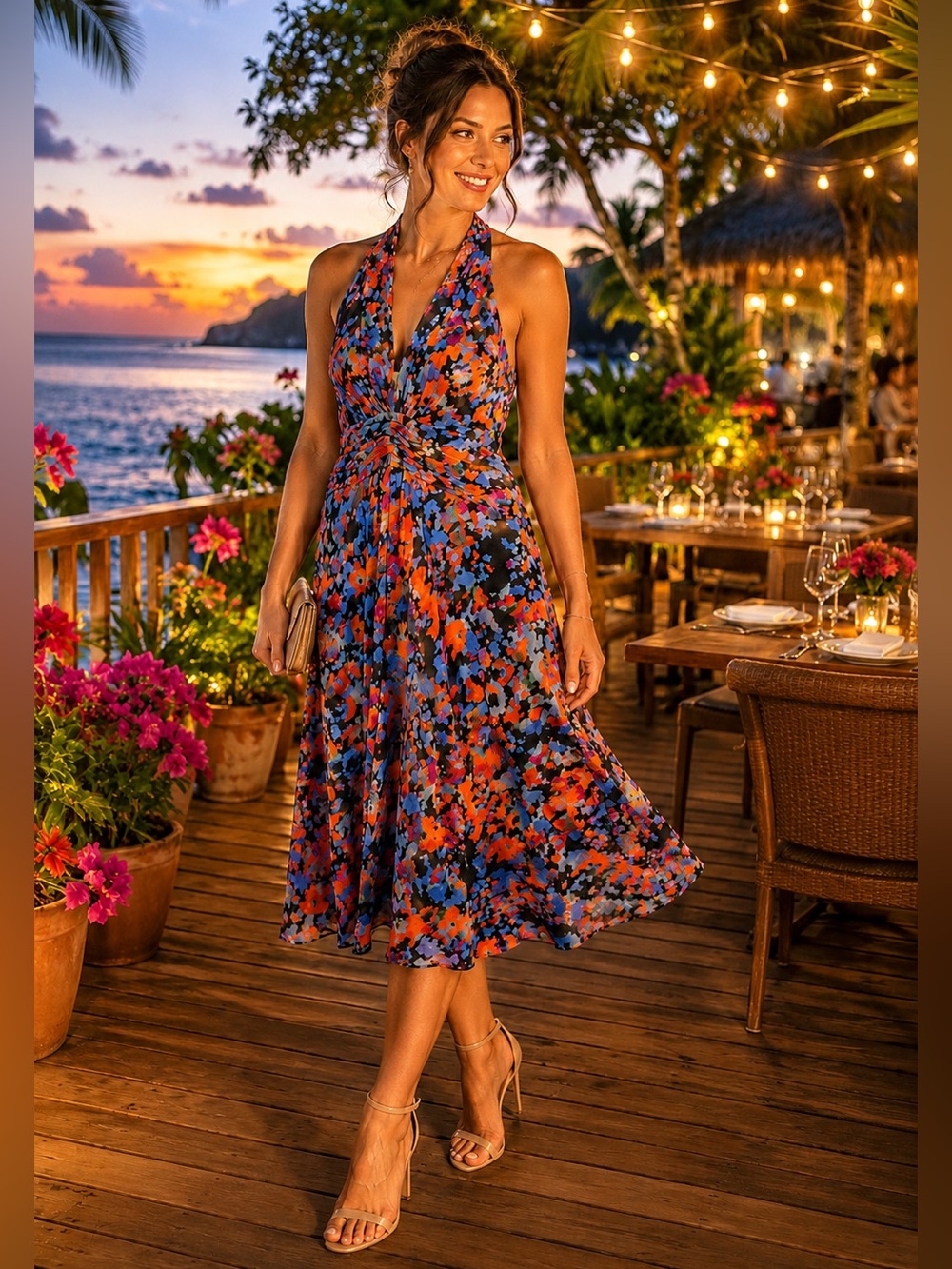 Evan Picone￼ Size 14 Floral Halter Midi | Elegant Vacation Evening Wear Chiffon
